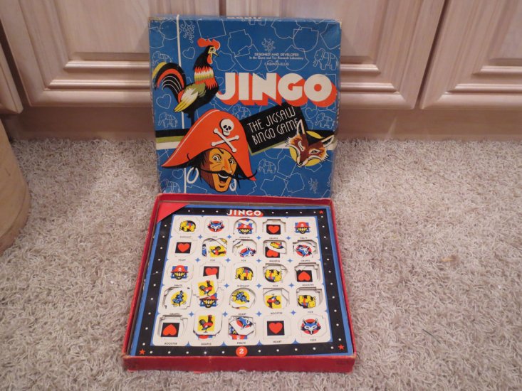 (image for) VINTAGE ANTIQUE JINGO JIGSAW PUZZLE BINGO GAME BY CADACO-ELLIS - Click Image to Close