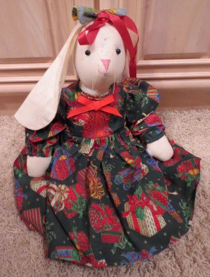 (image for) HANDMADE BUNNY RABBIT STUFFED ANIMAL TOY WITH HOLIDAY DRESS - Click Image to Close