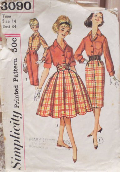 (image for) Pattern, Simplicity, 3090, Size 14 Teen, Bust 34 - Click Image to Close