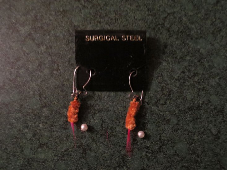 (image for) Earrings, Fishing, New, Pink & Brown, Silver Wires, FE5 - Click Image to Close