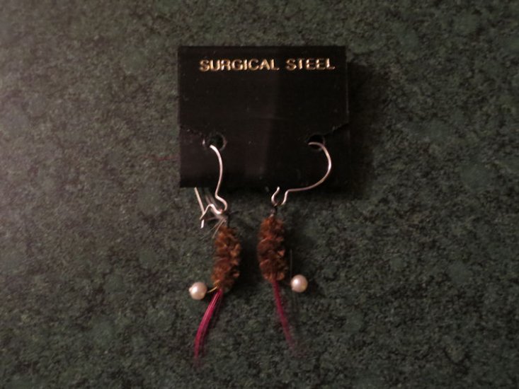 (image for) Earrings, Fishing, New, Brown & Pink, Silver Wires, FE7 - Click Image to Close