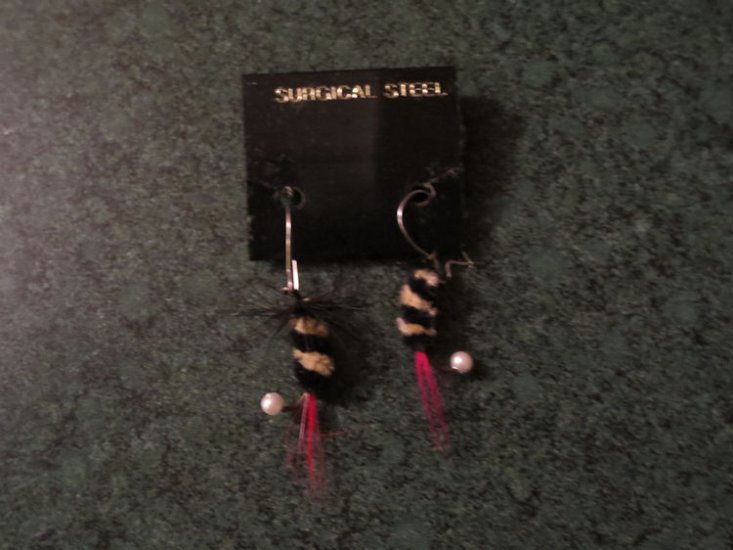 (image for) Earrings, Fishing, New, Yellow Black Pink, Silver Wires, FE2 - Click Image to Close
