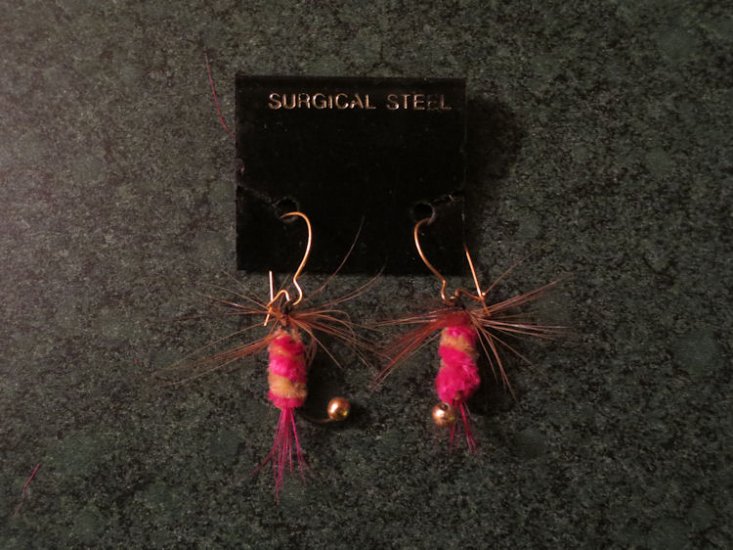 Earrings, Fishing, New, Yellow Pink Brown, Gold Wires, FE6 - Click Image to Close