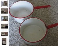 (image for) 5 VINTAGE ANTIQUE ENAMELWARE; 3 RED & WHITE POTS; 1 BLACK & WHITE PAN, POT & LID