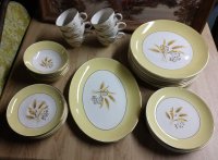 (image for) VINTAGE ANTIQUE AUTUMN GOLD CENTURY SERVICE CORPORATION DINNERWARE PLATES, BOWLS, CUPS
